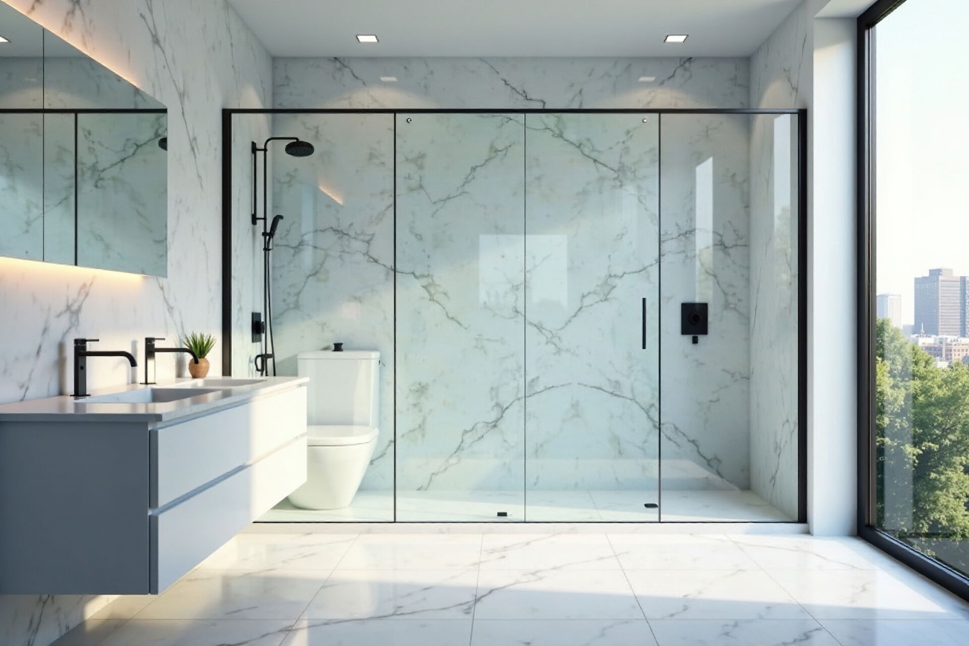 Ein modernes Badezimmer mit weißen Marmorfliesen, schwarzen Armaturen und einer rahmenlosen Glasdusche, gestaltet vom Fliesenfachbetrieb Behnisch GmbH in Pulsnitz.